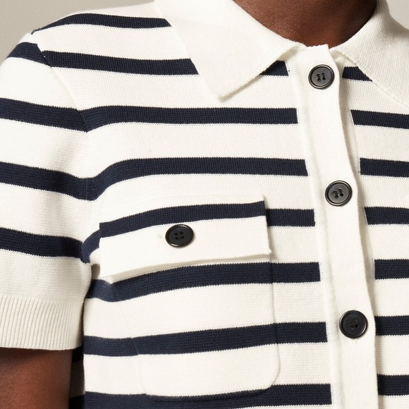 New JCREW Size M Collared Short-Sleeve Cardigan in Stripe Ivory Navy $118 CI633 - Picture 3 of 6